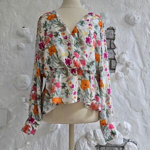 Koko + Mason Floral Wrap Peplum Gold Metallic Pinstripe Long Sleeve Top XL